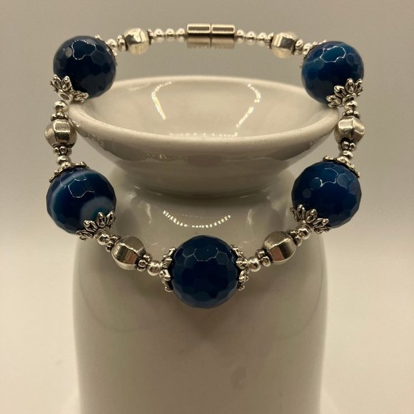 DARK Blue Agate Beaded Bracelet Large Agate Faceted Bead 14mm Grade A NEW - Picture 3 of 13